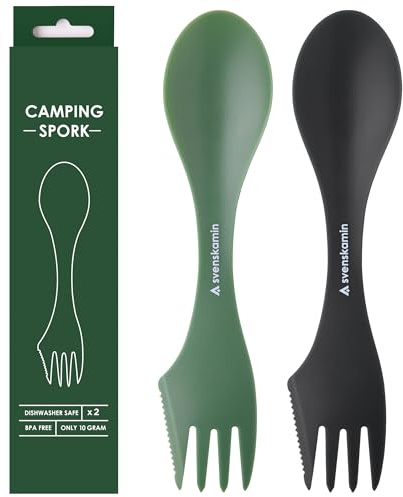 Reusable Camping Spork Set 2-Pack - 3-in-1 Travel Sporks, Lightweight Durable Utensils & Silverware for Tailgate, Outdoors, Hiking, Picnic, Lunch Box - Eco-Friendly Plastic Fork Spoon Knife Combo