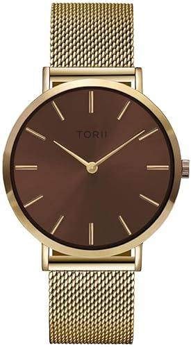 TORII Damenuhr Braun Edelstahl - rund Quarz G38GM.DG Milanaise-Armband Strichindizes wasserdicht 50 m