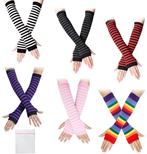 ZOCONE 6 Pairs Striped Long Fingerless Gloves for Women, Striped Arm Warmers Gloves Long Wrist Warmers with Laundry Bag | Stretchy Knitted Arm Warmers Autumn Winter Accessories for Women Girls