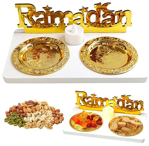 Vmxlso Ramadan Tablett, Ramadan Teller, Ramadan Geschirr mit Led Kerzen Teelichter, Ramadan Tischdeko Serviertablett für Islam Party Eid Deko Tisch Ramadans