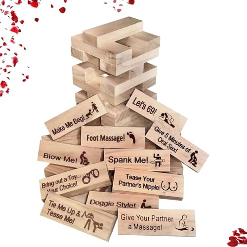 RoserRose 48 StüCk Block Tower Spiel, Spiele für Paare, Tower Stack Spiel, Spiele für Erwachsene, mit Thrill Challenge - Originelles Geschenk zum Jahrestag und Valentinstag - Version für Erwachsene