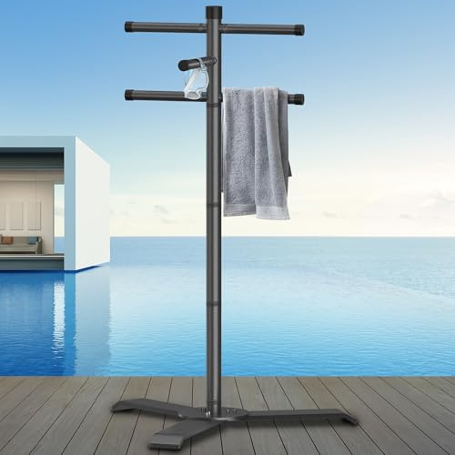 Scisum Toallero de piscina al aire libre – Soporte de pie de aleación de acero resistente con 5 brazos – Toallero de 61 pulgadas para accesorios de bañera de hidromasaje, patio trasero y uso en la