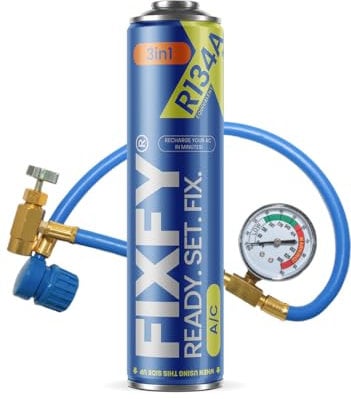 FIXFY 3 en 1 Gaz réfrigérant R134a de rechange, 500 ml, avec huile et mastic, kit avec tuyau et manomètre, pour climatisation automobile (modèles 1995 à 2016)