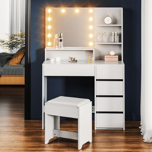 Oyajia Vanity Table with Mirror, 3-Color Lighting, Modern Dressing Desk mit Stool Featuring, Makeup Table with 5 Drawers and 3 Open Shelves, Home Furniture for Bedroom & Salon