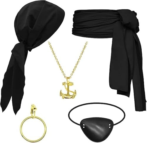 LUYANFX Piraten Kostüm Zubehör Set, 5 Stück Piraten Kostü Accessoire mit Kopftuch Augenklappe Ohrringe Halskette Hüfte Tuch, Mittelalter Vintage Accessoires für Halloween Karneval Cosplay Party