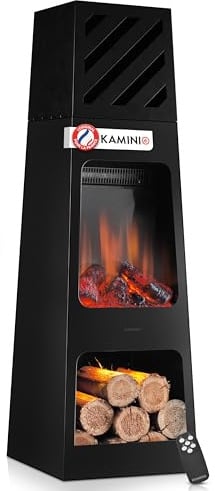 KAMINIO Elektrischer Gartenkamin Kai - Elektro Terrassenofen mit Heizung, 3D-Flammeneffekt, Holzfach, LED-Ambientelicht, Fernbedienung (X-Large)