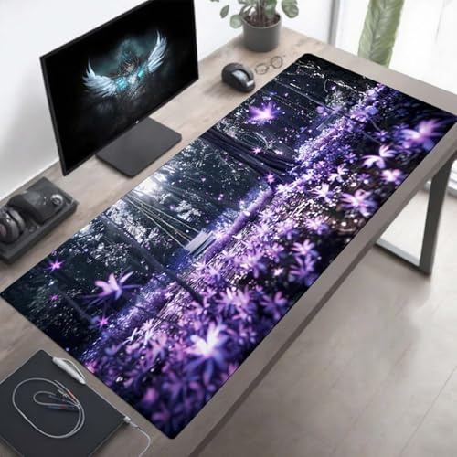 Tapis de Souris XXL 140 x 60 cm, Tapis de Souris Gamer Violet, Grand sous Main Bureau, Base en Caoutchouc Antidérapante, Bords Cousus, Imperméable Mouse Pad Fleur, Améliorer Précision PjY519 3-2