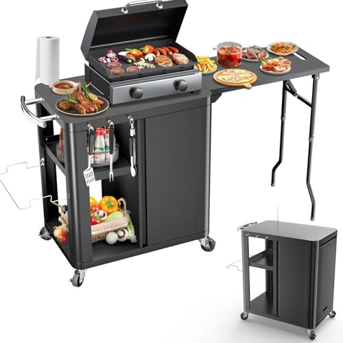 GFTIME Carrello per barbecue, tavolo con tavolino pieghevole, cucina all'aperto con gancio, scaffale e armadio, carrello da portata con ruote, cucina esterna, 143 x 37 x 89 cm