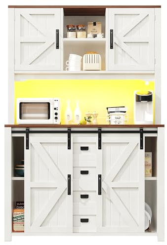 Azkoeesy Küchenschrank Weiß, Hochschrank, mit LED, Arbeitsplatte in Holzoptik, 2 Schubladen und 4 Türen, Schiebetüren, schwarzer Metallgriff, Küchenbuffet, Kaffeebar, für Esszimmer und Küche