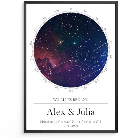 Tigerlino Personalisierte Sternenhimmel Poster – Sternkarte mit Datum & Ort Koordinaten – Wo alles begann Geschenk für Paare, Hochzeit, Jahrestag, Liebe Sternbilder Astronomie Hochzeitstag