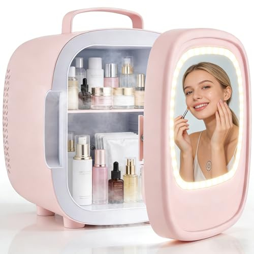 VeftBltrem Mini Frigo Portatile 6L, Frigorifero da Camera con Specchio LED, Termoelettrico Raffredda e Riscalda, AC/DC, per Cura della Pelle, Bevande, Ufficio, Dormitorio e Auto (Rosa)