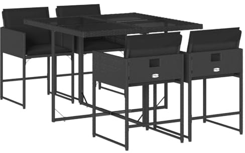 XHNIFBN Juego de muebles de jardín de ratán sintético con mesa de cristal, 4 sillas y cojines, forma de cubo que ahorra espacio, juego de muebles de jardín para patio y jardín, color negro