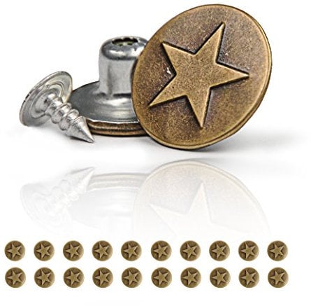 Set Knöpfe, Hosenknopf, Hosenknöpfe, Ersatzknopf – Verschiedene Motive, Hosenknopf mit Nietenverschluss, Jeansknopf, Knopf aus Metall, Farbe: Bronze – Marke Ganzo (20er Set, Stern)