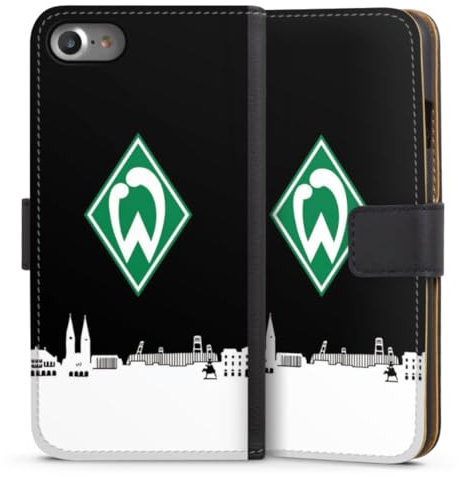 Klapphülle kompatibel mit Apple iPhone 7 Handyhülle aus Kunst Leder schwarz Flip Case Offizielles Lizenzprodukt Skyline SV Werder Bremen