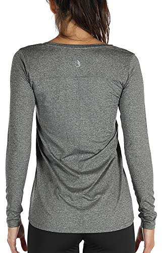 icyzone Damen Laufshirt Langarm Sport Shirt Atmungsaktive Langarmshirt Fitness Top Oberteil mit Daumenloch (M, Dunkelgrau)