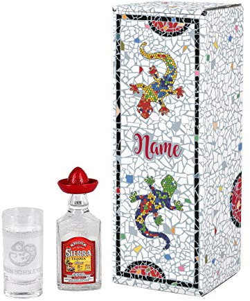 Herz & Heim® Tequila Geschenk Set mit graviertem Schnapsglas und 0,05 l Sierra Tequila Silver in Geschenkverpackung