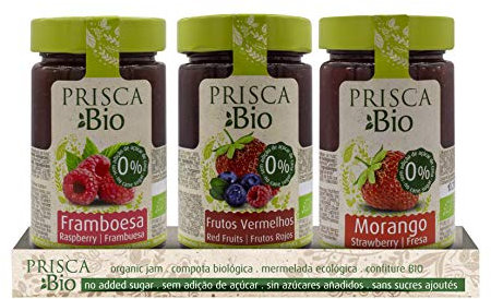 PRISCA Mermelada 100% Ecológica de Frambuesa, Frutos Rojos, Fresa - Sin Azúcar - 3 Unidades de 240 gr