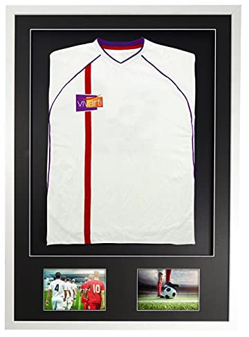 Vivarti DIY Erwachsene 3D montiert + Doppelöffnung Sport Shirt Display Rahmen für Fußball Shirt Shadow Box - 61 x 91,5 cm - weißer Rahmen, schwarzes Passepartout, Schwarze Rückseite Karte…