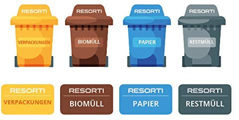 Resorti Aufkleber 8er SET für Abfall- und Mülltrennung Motiv Mülltonne & eckig (Restmüll, Gelber Sack, Biomüll, Papier-Müll)