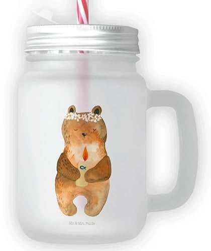 Mr. & Mrs. Panda Trinkglas Mason Jar Bär Kommunion - Geschenk, Retro-Glas, Teddybär, Taufkerze, Henkelglas, Gottes Segen, Mason Jar Trinkglas,