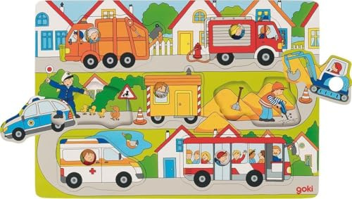 goki 57474 - Hintergrundpuzzle Auf der Straße aus Holz, Polizei, Feuerwehr, Müllwagen, Bus, Holzpuzzle mit großen Knöpfen für kleine Hände, 30cm x21cm, Förderung der Motorik, 7er Set, ab 1 Jahr