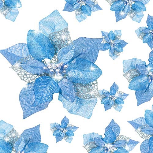 WILLBOND 36 Stück Weihnachten Glitzer Weihnachtsstern Blumen Kunstblumen Hochzeit Glitzer Weihnachtsbaum Neujahr Ornamente(Blau, Doppelt Schicht Hohler Stil)