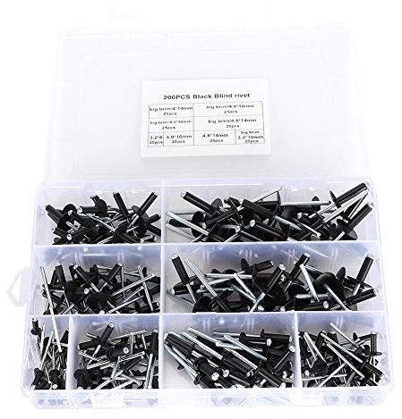 Remaches ciegos, 200pcs Kit de remaches ciegos negros Surtido de fijaciones de remaches ciegos de aluminio 3.2/4.0/4.8mm Reparaciones Pernos de decoración de la máquina Tornillos Tuercas Kit de