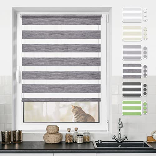 Doppelrollo Klemmfix ohne Bohren Rollos für Fenster ohne Bohren mit Bohren Leinen-Grau B90 x H120cm -Stoffbreite 86cm Rollo Fensterrollo Klemmrollos Fensterrollo innen