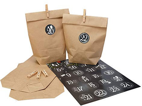Adventskalender zum Befüllen (Große Papiertüten mit Zahlen Aufkleber 1-24 und Klammern) - DIY Kalender selbst basteln mit Nummern Sticker - Set für Kinder, Frauen & Männer zu Weihnachten