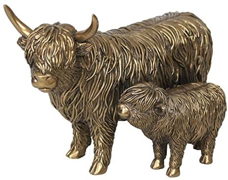The Leonardo Collection Bronzefigur Hochlandkuh und Kalb für Zuhause und Büro, Heimdekoration, Geschenk für Damen und Herren, schöne Figur für drinnen und draußen, Wohnzimmer-Dekor-Ornamente