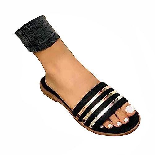 Minetom Sandales Femmes Plates Sandales Été Bout Ouvert Metallic Boucle Plage Vacances Loisir Nu-Pieds Chaussures B Noir 35 EU