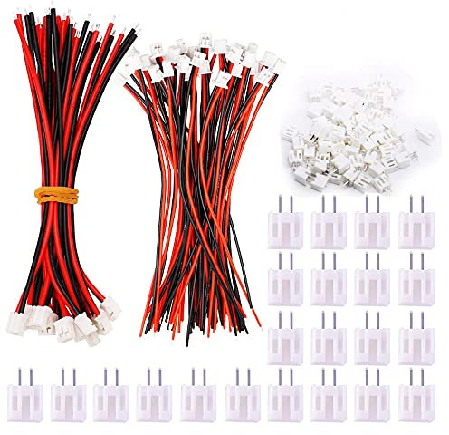 HUAZIZ 50 Piezas Micro Conector 2 Pines JST PH 2.0 Enchufe Macho y 20 Piezas 10cm Cable de Silicona Rojo y Negro