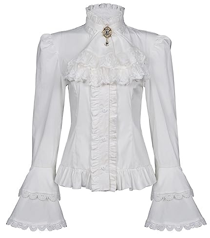 Viktoriansk blus för kvinnor, gotisk vintage-skjorta, långärmad, lotusskjorta, volangblus, 010 vit, L