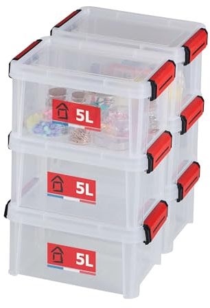 SUNDIS Clip’N Store, lot de 6 boîtes de rangement 5L en plastique transparent, renforcées avec couvercle clipsable, aptes au contact alimentaire, parois droites, superposables et combinables
