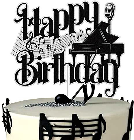 Music Piano Happy Birthday Cake Toppers Black Glitter Musical Cake Notes Cake Decoration Music Lover Theme Birthday Party Supplies for Musician