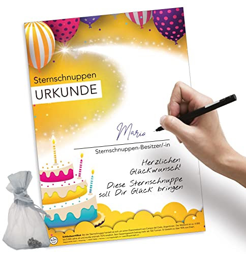 happylandgifts® Echte Sternschnuppe als GEBURTSTAGSGESCHENK | Echter Meteorit | Hochwertige Urkunde mit Wunschname zum selber eintragen | Geburtstag