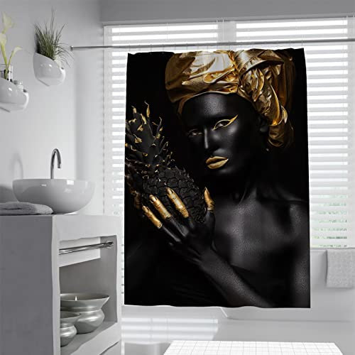 BYJING Art Élégant Rideau De Douche Africain Noir Femme Magnifique Rideau De Bain Décor Or Rideau De Douche Ensemble Imperméable Occultant Durable avec Crochet 240x180 cm