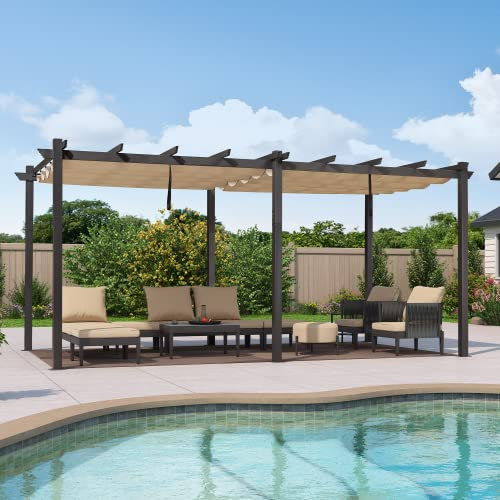 PURPLE LEAF Pergola Aluminium, 3.65 X 5.5 M Wasserdicht Stabil Winterfest Pergola, Gartenpavillon Mit Sonnenschutz Überdachung, Beige