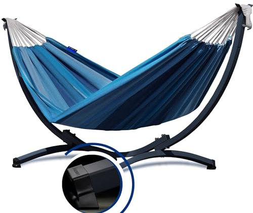Potenza Hängematte mit Gestell I Stabiler Rahmen 200kg - 250cm Balkon I Hängematte 200x120cm I Indoor Outdoor Garten Pool Terrasse Stahl (Basic Gestell Graphit, Blau)