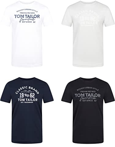 TOM TAILOR Tshirt Herren Baumwolle Regular Fit 4er Pack Set | Rundhals Kurzarm Sommer Tee Shirt Logoprint 100% Baumwolle Schwarz Weiß Grün Rot Blau Grau Orange S M L XL XXL 3XL