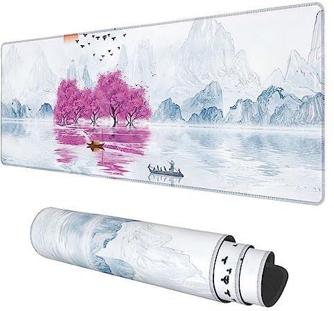 Desk Mat, Cherry Blossom Tree Oil Ink Painting Extended Gaming Mouse Pad Large, 31.5x11.8 Big Mouse Pad with Non-Slip Base and Stitched Edge, Long Computer Keyboard Mouse Mat for Home Office Work