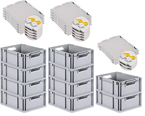 PROREGAL SuperSparSet 10x Eurobox NextGen Grip mit Scharnierdeckel und gelben Schiebeschnappverschlüssen, HxBxT 17x30x40cm, 16 L, Grau, Griffe offen, Eurobehälter, Transportbox