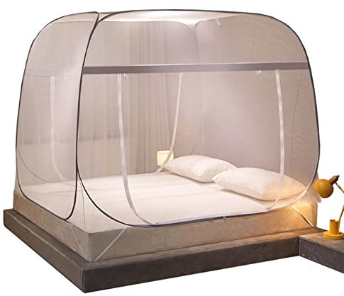 EOMIK Moskitonetz, Betthimmel Doppelbett Quadratische Oberseite Und Unterseite Für Reisen Nach Hause Anti Moskito Zelt Faltbares Pop Up Bettnetz Freistehendes Campingzelt, 180x200cm,Grey