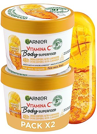 Garnier Body Superfood Pack Crema Corporal Hidratación 48H con Vitamina C | Piel Seca, Acabado Luminoso, Vitamina C, Colágeno, Mango, Fórmula Vegana, Rápida Absorción, Body Superfood