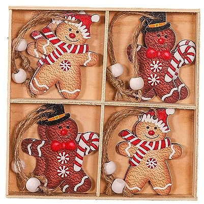 12 pz/scatola in legno decorazione dell'albero di Natale appeso omino di pan di zenzero ornamenti per albero di pan di zenzero figurine di Natale