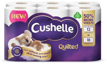 Cushelle Quilted 50% Longer Lasting Toilet Tissue 12 Equals 18 Regular Rolls