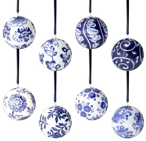 BBTO 8 Stück Weihnachten Mini Ball Ornamente Chinoiserie Porzellan Hängende Ornamente Keramik Weihnachtsschmuck Blau und Weiß Weihnachtsbaum Dekorationen Weihnachten Hängende Anhänger (Frischer Stil)