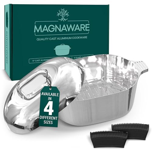 Magnaware Cast Aluminum Dutch Oven - Oval Lightweight Pot For Cajun Cookware, Bread Baking & More - Roaster Pan with Silicone Covers & Rack For Even Heat Distribution - 5L