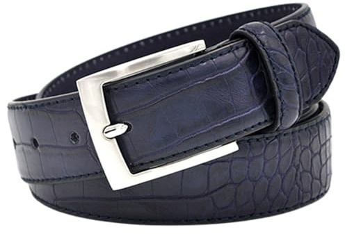 NALANY Herren Damen Gürtel & Riemen Ledergürtel Mit Dezenter Krokoprägung 3,4cm| Kroko-Muster Retro Mode Taillengürtel Schnalle Silber(110cm/waist:37, Blue)
