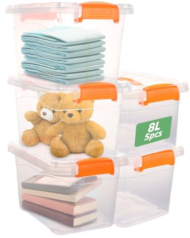 YOUNTHYE 5er Aufbewahrungsbox mit Deckel 8L Plastikbox mit Deckel Klein Aufbewahrungsbehälter mit Deckel 29x21x23cm Transparente BPA-frei Stapelboxen mit Deckel und Griff für Büro Haushalt Küche